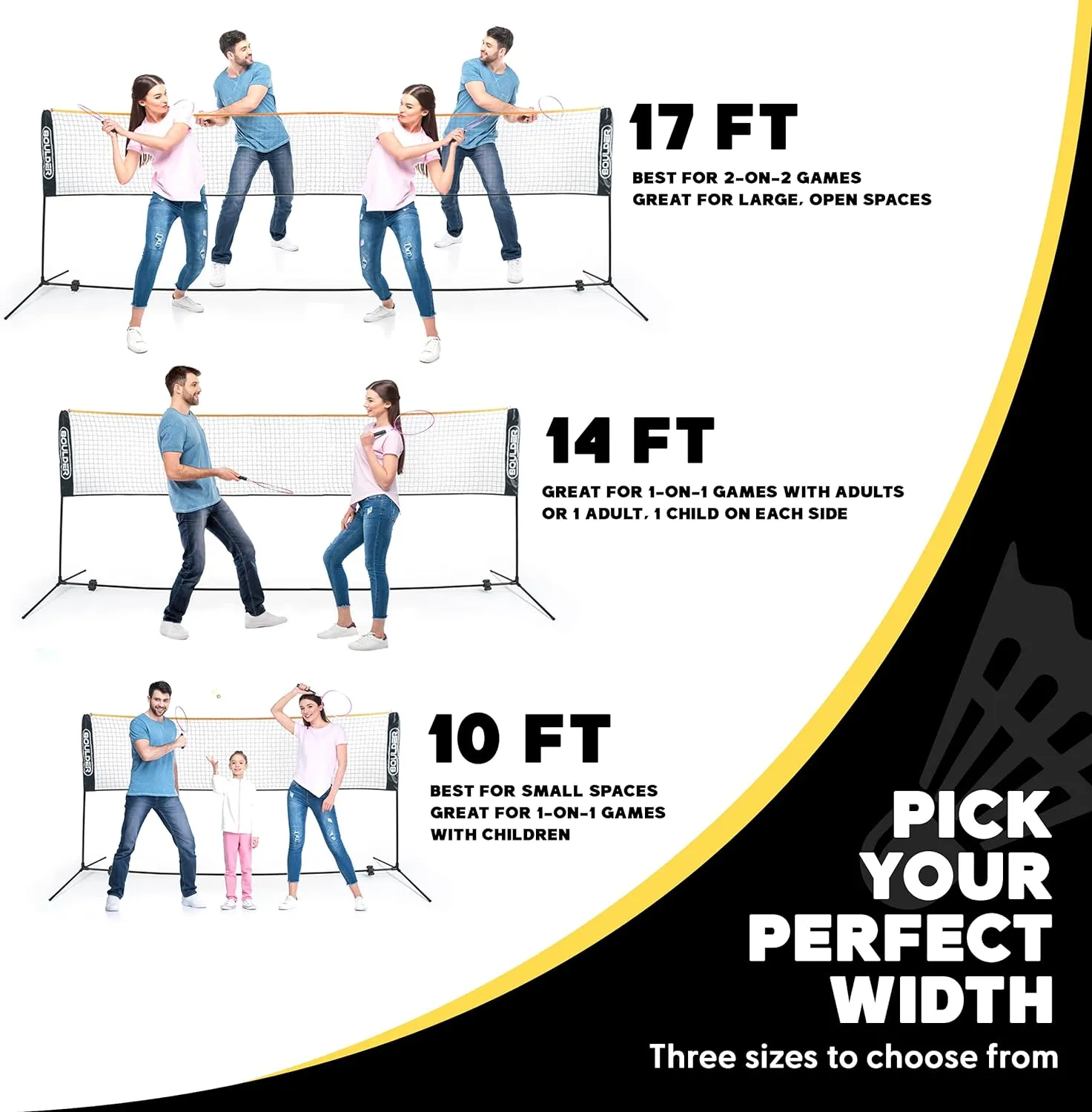Boulder Portable Badminton Pickleball Net - Foldable/Extendable Poles for Multiple Sports Heights (UP to 5 ft) - Ideal for Tennis, Pickleball, Soccer Tennis - Easy Setup