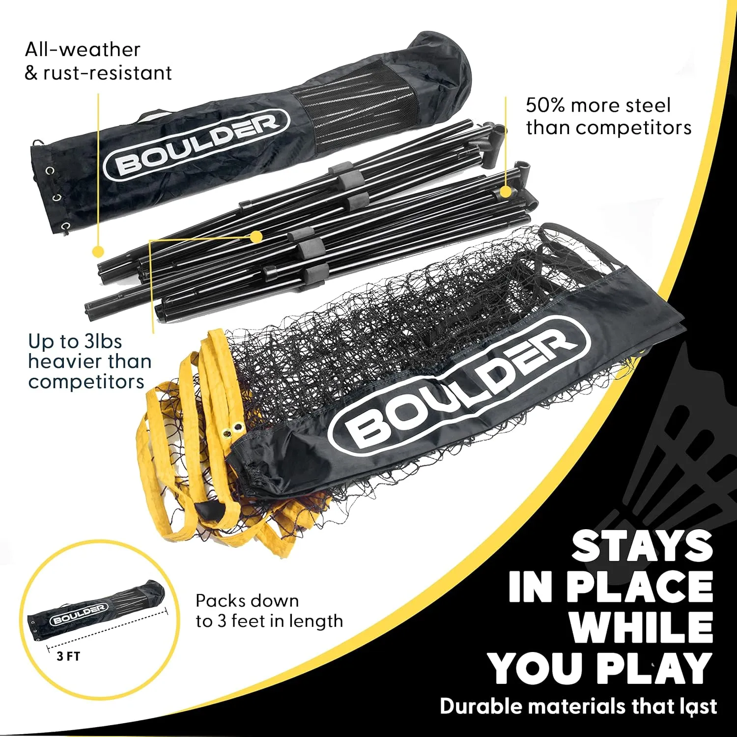 Boulder Portable Badminton Pickleball Net - Foldable/Extendable Poles for Multiple Sports Heights (UP to 5 ft) - Ideal for Tennis, Pickleball, Soccer Tennis - Easy Setup