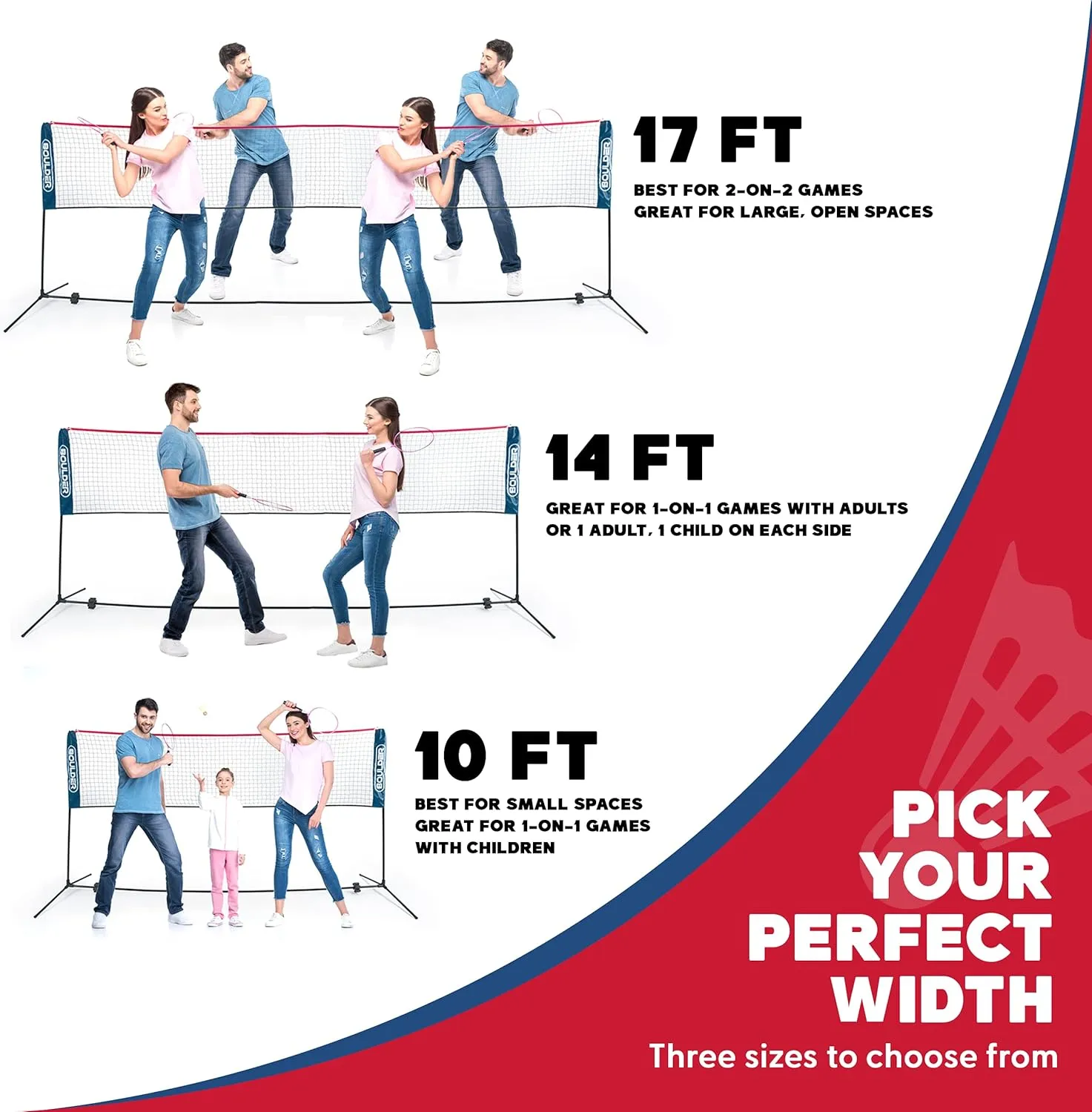 Boulder Portable Badminton Pickleball Net - Foldable/Extendable Poles for Multiple Sports Heights (UP to 5 ft) - Ideal for Tennis, Pickleball, Soccer Tennis - Easy Setup