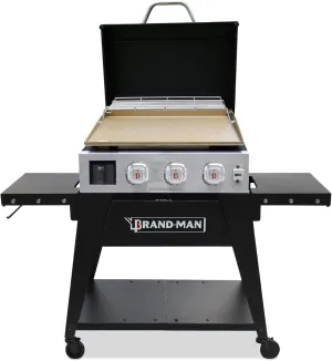 Brand-Man 3-Burner Portable Propane Gas Griddle with Lid - 28,000 BTU Flattop Griddle Grill, 504 Sq. In., Folding Side Tables, Rolling Cart for Outdoor BBQ, Camping, Patio