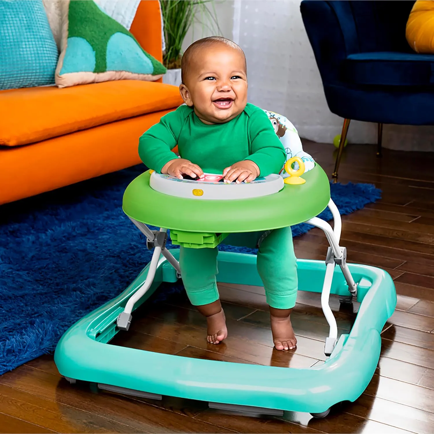 Bright Starts Tiny Trek 2-in-1 Baby Activity Walker with -Toy Station, Adjustable Height and Easy-Fold Frame, Jungle Vines Age 6 Months 