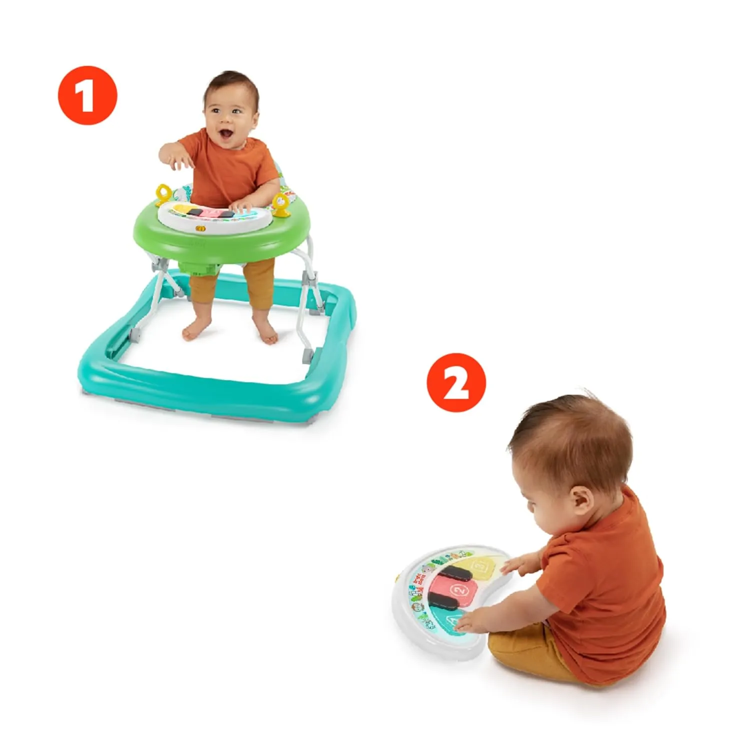 Bright Starts Tiny Trek 2-in-1 Baby Activity Walker with -Toy Station, Adjustable Height and Easy-Fold Frame, Jungle Vines Age 6 Months 