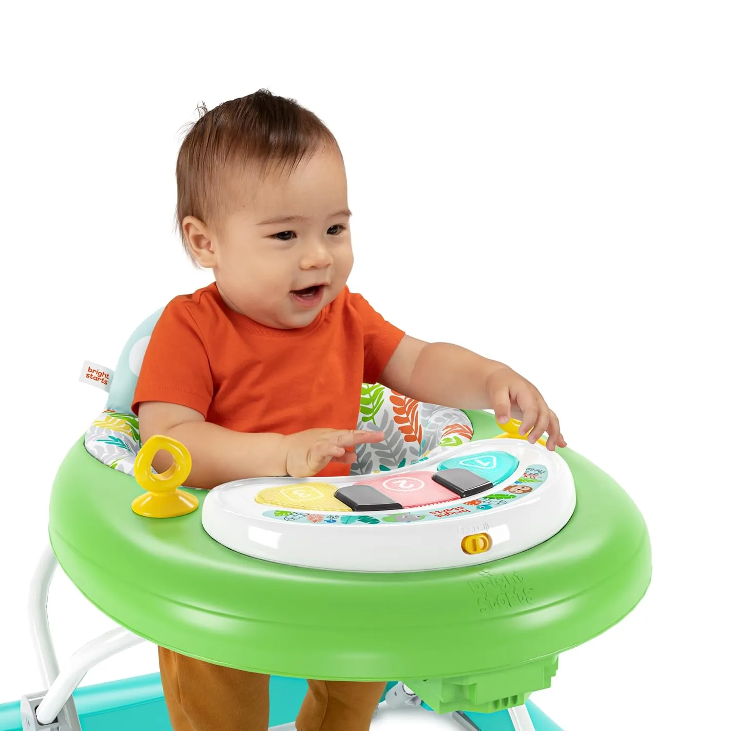 Bright Starts Tiny Trek 2-in-1 Baby Activity Walker with -Toy Station, Adjustable Height and Easy-Fold Frame, Jungle Vines Age 6 Months 