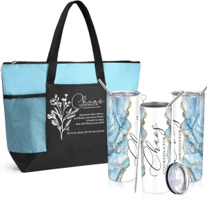Buryeah 2 Pcs Chaos Coordinator Gifts for Women Employee Appreciation Gift 20 oz Marble Tumbler with Lid Large Tote Bag with Mesh Pockets Thank You Gift for Volunteer Assistant Coworker Nurse(Blue)