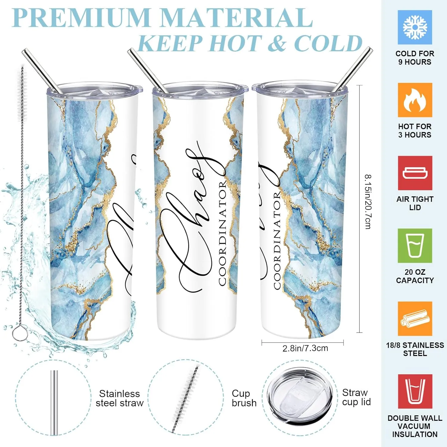 Buryeah 2 Pcs Chaos Coordinator Gifts for Women Employee Appreciation Gift 20 oz Marble Tumbler with Lid Large Tote Bag with Mesh Pockets Thank You Gift for Volunteer Assistant Coworker Nurse(Blue)