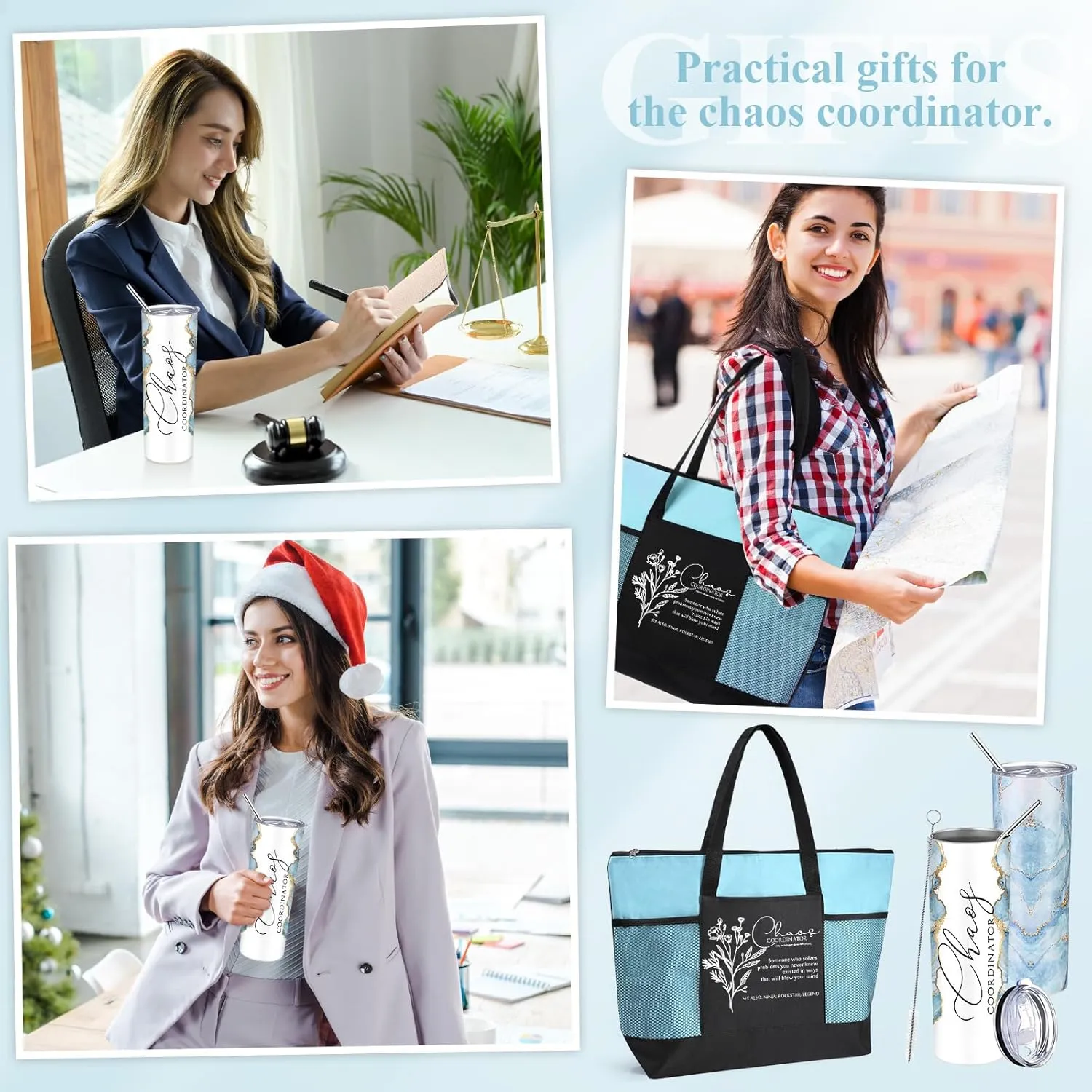 Buryeah 2 Pcs Chaos Coordinator Gifts for Women Employee Appreciation Gift 20 oz Marble Tumbler with Lid Large Tote Bag with Mesh Pockets Thank You Gift for Volunteer Assistant Coworker Nurse(Blue)