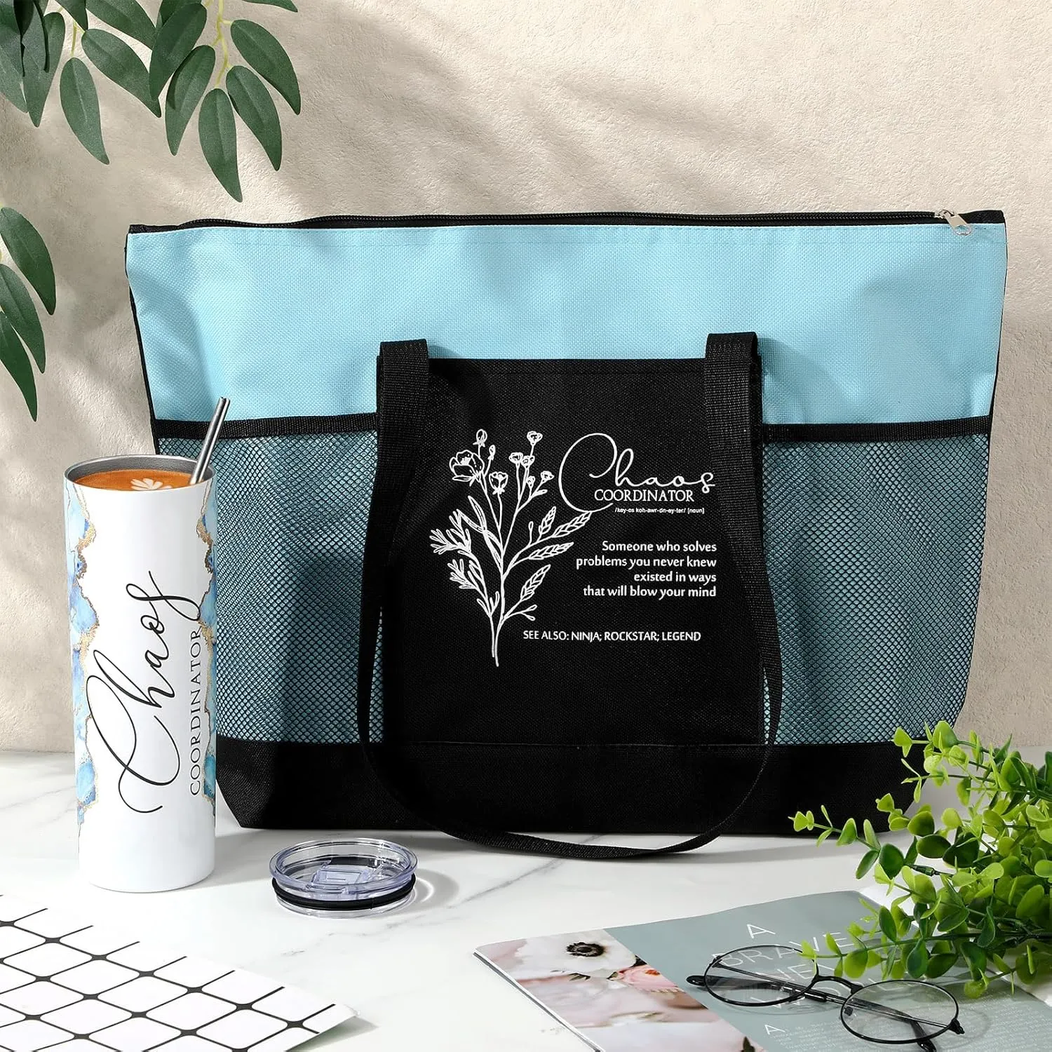 Buryeah 2 Pcs Chaos Coordinator Gifts for Women Employee Appreciation Gift 20 oz Marble Tumbler with Lid Large Tote Bag with Mesh Pockets Thank You Gift for Volunteer Assistant Coworker Nurse(Blue)