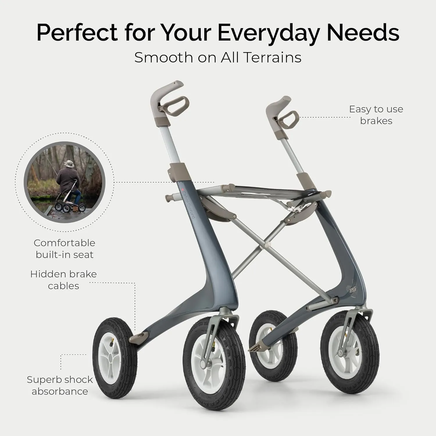 byACRE Carbon Overland/All Terrain Carbon rollator/Big Pneumatic Wheels/Lightweight at only 14.8 lbs/Foldable with seat