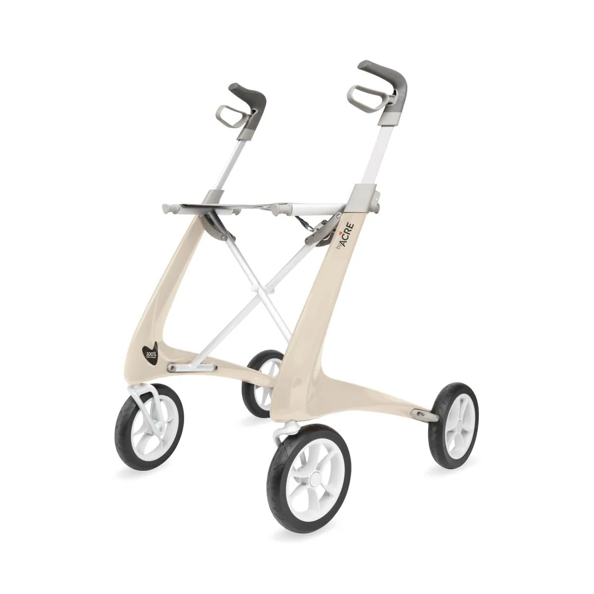 byACRE Carbon Ultralight Rollator Walker with Organizer Bag, Compact Track, 16" x 22" Seat (W x H), Oyster White