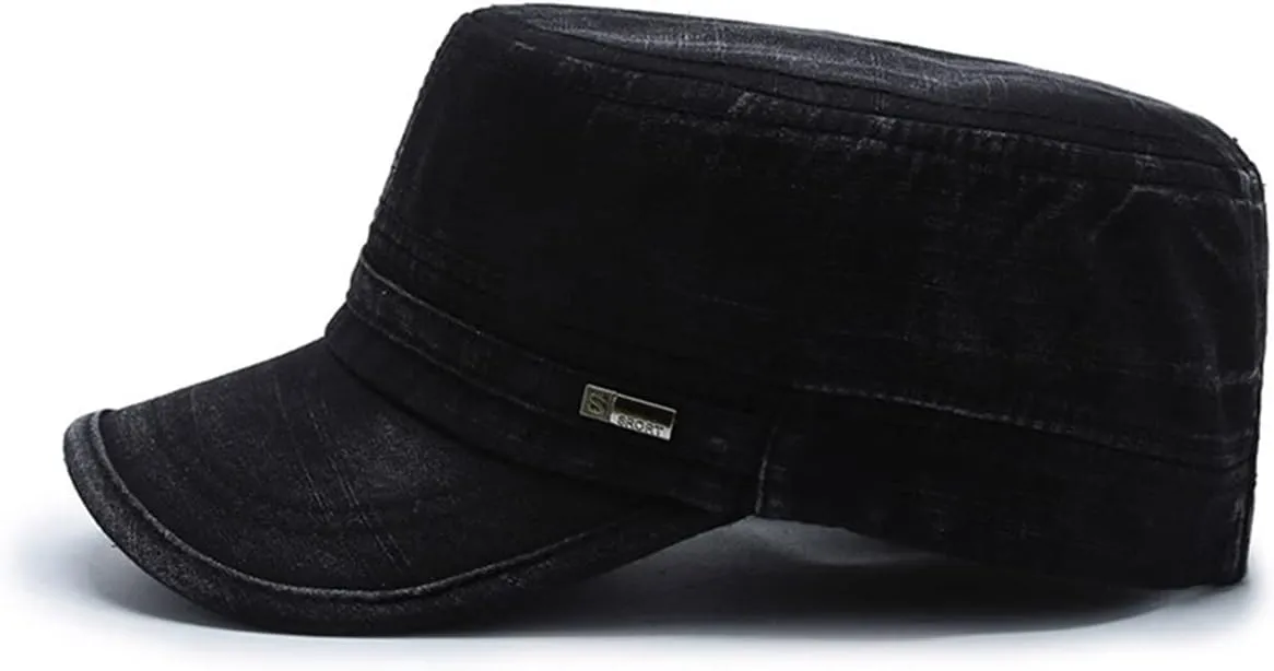 Cadet Army Military Hat Retro Fade Style Washed Cotton Flat Top Cap Adjustable