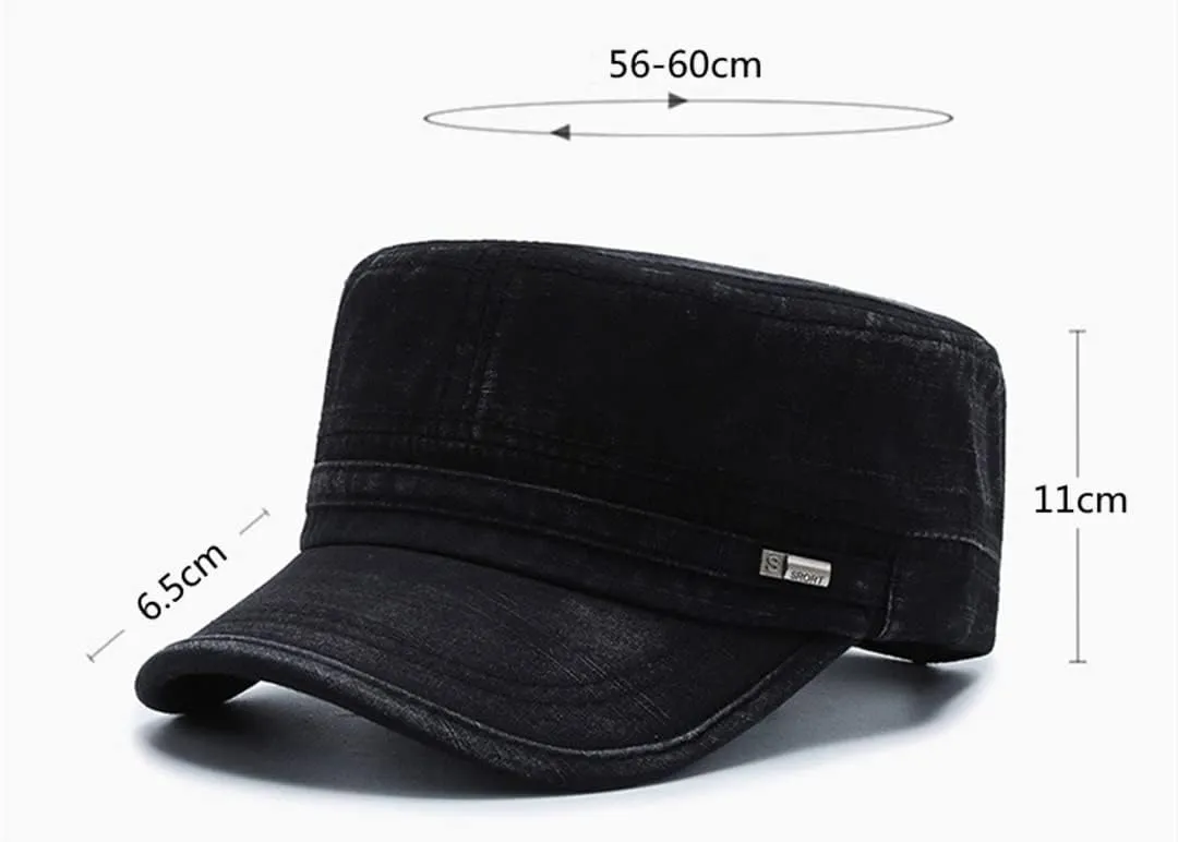 Cadet Army Military Hat Retro Fade Style Washed Cotton Flat Top Cap Adjustable