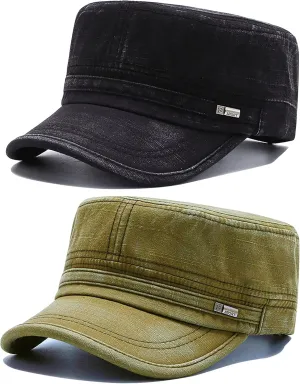 Cadet Army Military Hat Retro Fade Style Washed Cotton Flat Top Cap Adjustable