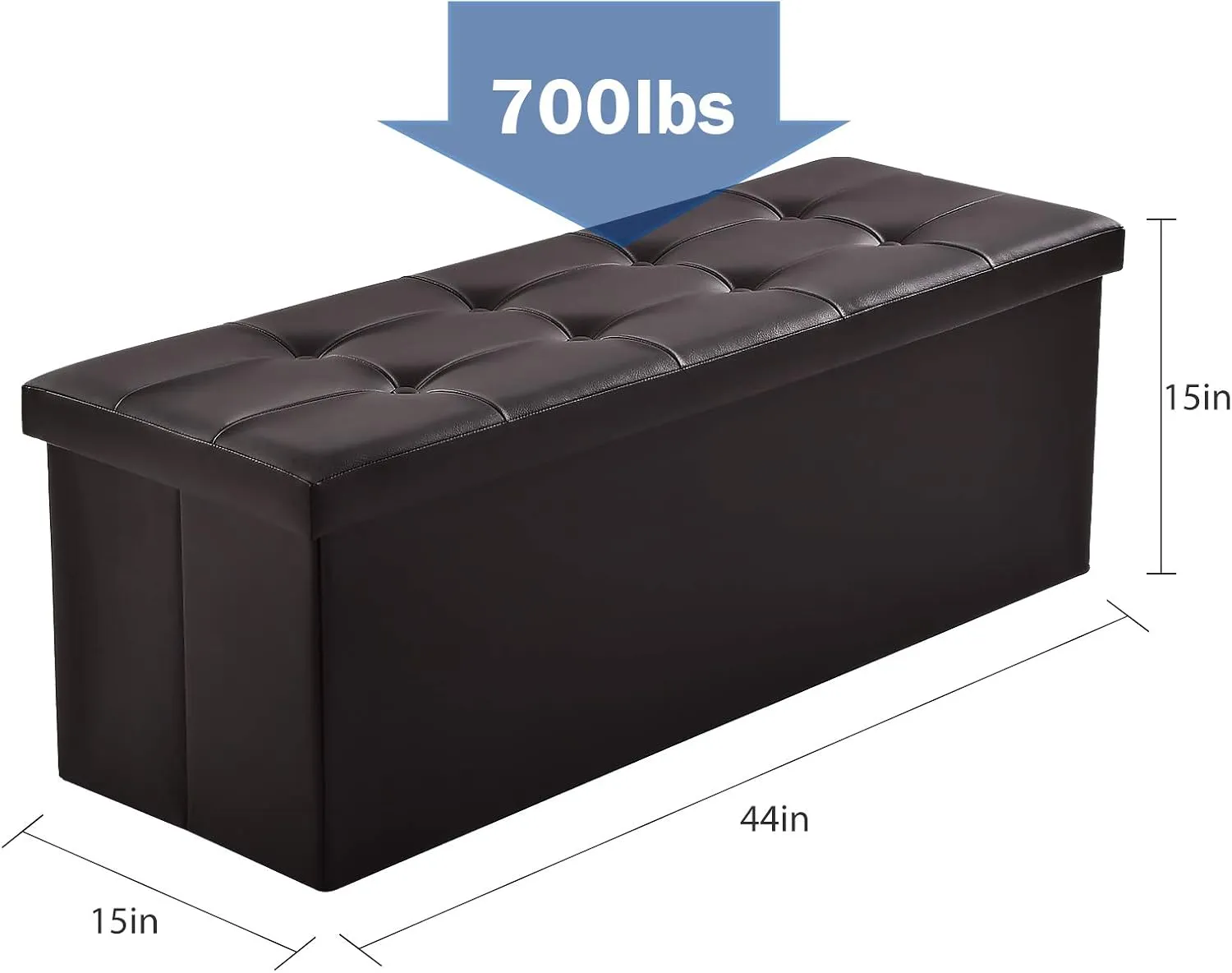Camabel 43 inch Folding Ottoman Storage Bench Cube Hold up 700lbs Faux Leather 125L Storage Chest with Memory Foam Seat Footrest Padded Upholstered Stool for Bedroom Box Bed Coffee Table Brown