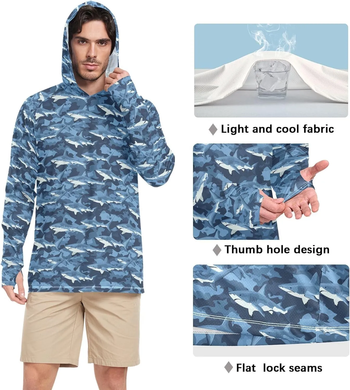 Camouflage Blue Sharks Men's Sun Protection Hoodie Long Sleeve Sun Shirt with Hood UPF 50  Sunproof Shirts Rash Guards Mens