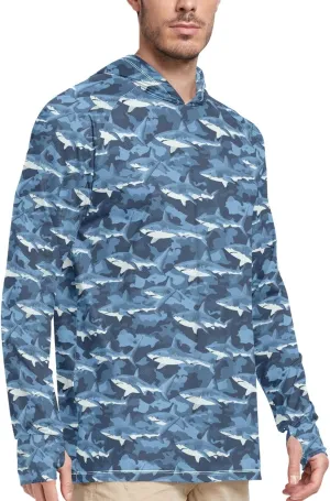 Camouflage Blue Sharks Men's Sun Protection Hoodie Long Sleeve Sun Shirt with Hood UPF 50  Sunproof Shirts Rash Guards Mens