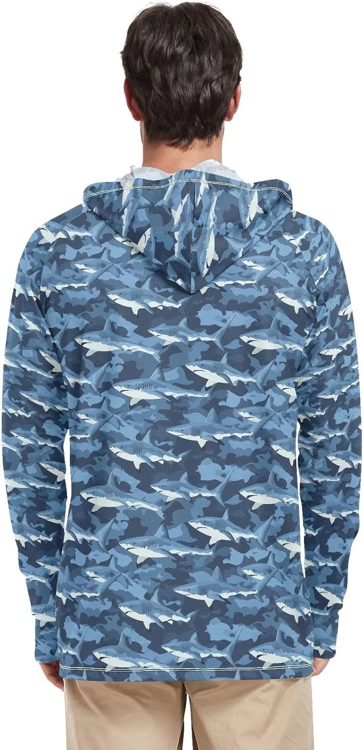 Camouflage Blue Sharks Men's Sun Protection Hoodie Long Sleeve Sun Shirt with Hood UPF 50  Sunproof Shirts Rash Guards Mens