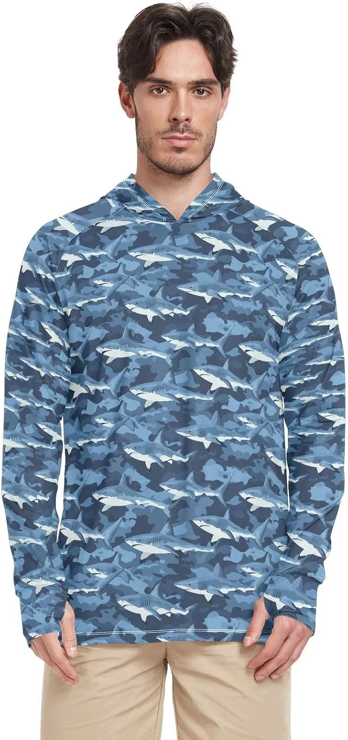 Camouflage Blue Sharks Men's Sun Protection Hoodie Long Sleeve Sun Shirt with Hood UPF 50  Sunproof Shirts Rash Guards Mens