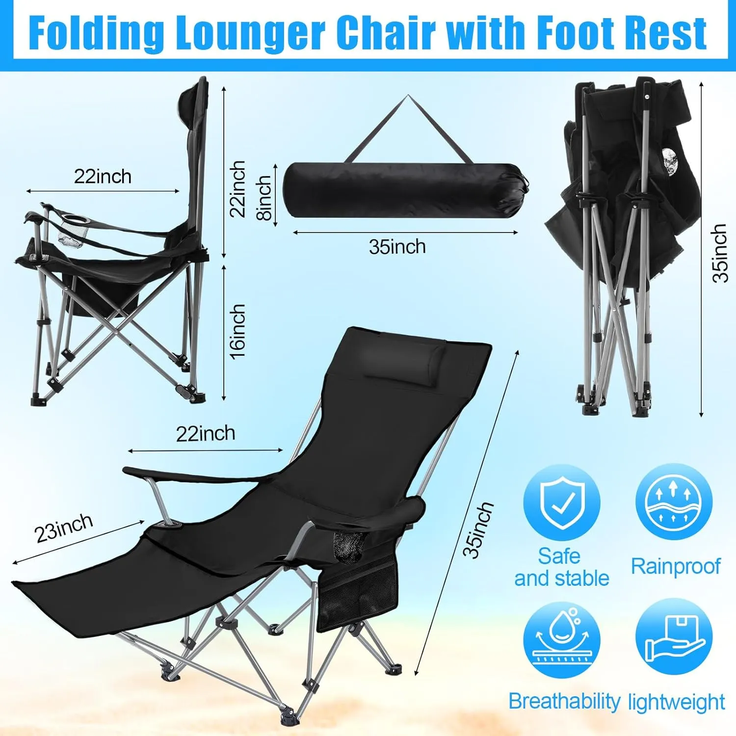 Camping Chair with Umbrella Reclining Chair with Foot Rest with Universal Clamp UPF 50  360 Degree Adjustable Umbrella Portable Lightweight Foldable for Outdoor