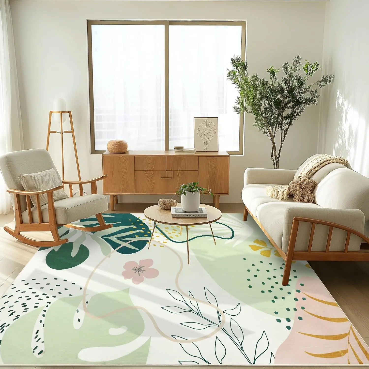 Capslpad Washable Rugs 6x9, Boho Rugs for Living Room, Area Rugs Green Botanical Print, Soft Non-Slip Low Pile Non-Shedding for Bedroom, Office, Classroom, Nursery, Dining