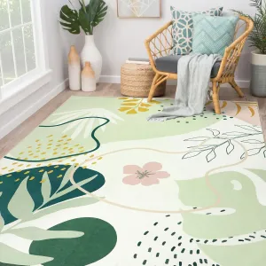 Capslpad Washable Rugs 6x9, Boho Rugs for Living Room, Area Rugs Green Botanical Print, Soft Non-Slip Low Pile Non-Shedding for Bedroom, Office, Classroom, Nursery, Dining