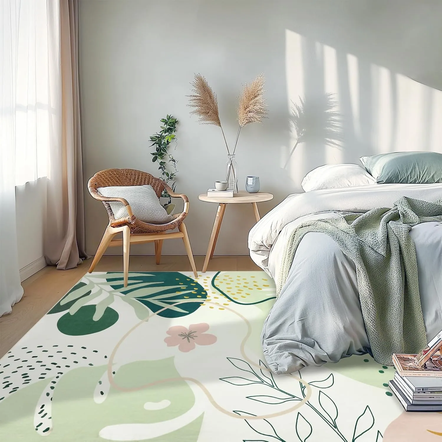 Capslpad Washable Rugs 6x9, Boho Rugs for Living Room, Area Rugs Green Botanical Print, Soft Non-Slip Low Pile Non-Shedding for Bedroom, Office, Classroom, Nursery, Dining
