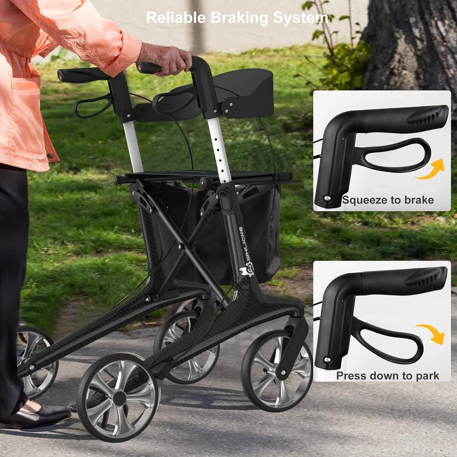 Carbon Ultralight Rollator Walkers for Seniors, Mothers Day Gifts, Only 13lbs Lightweight Foldable Walker, All Terrain 4 Wheels Walker with Seat and Brakes for Adults, 330lbs Capacity