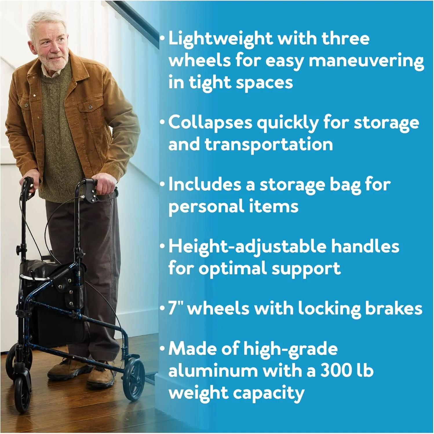 Carex 3 Wheel Walker for Seniors, Foldable, Rollator Walker with Three Wheels, Trio Walker with Height Adjustable Handles