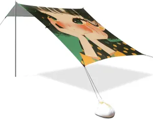 Cartoon Cute Girls Foldable Beach Cabana UPF50 Easy Setup Large Portable Sun Shelter Includes Sand Shovel, Sandbags, Stability Poles for Camping, Picnics, Backyard