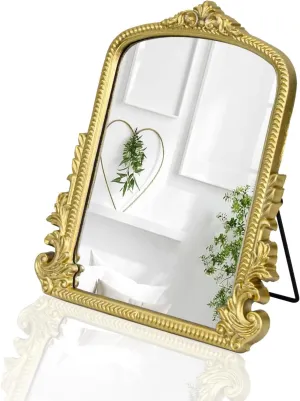 Champagne Gold Vintage Vanity Mirror,Small Decorative Table Top Mirror,Baroque Arched Makeup Desk Mirror Wood Frame Free Standing,for Dresser,Bedroom,Living-Room Countertop 11.8" x 9.6"