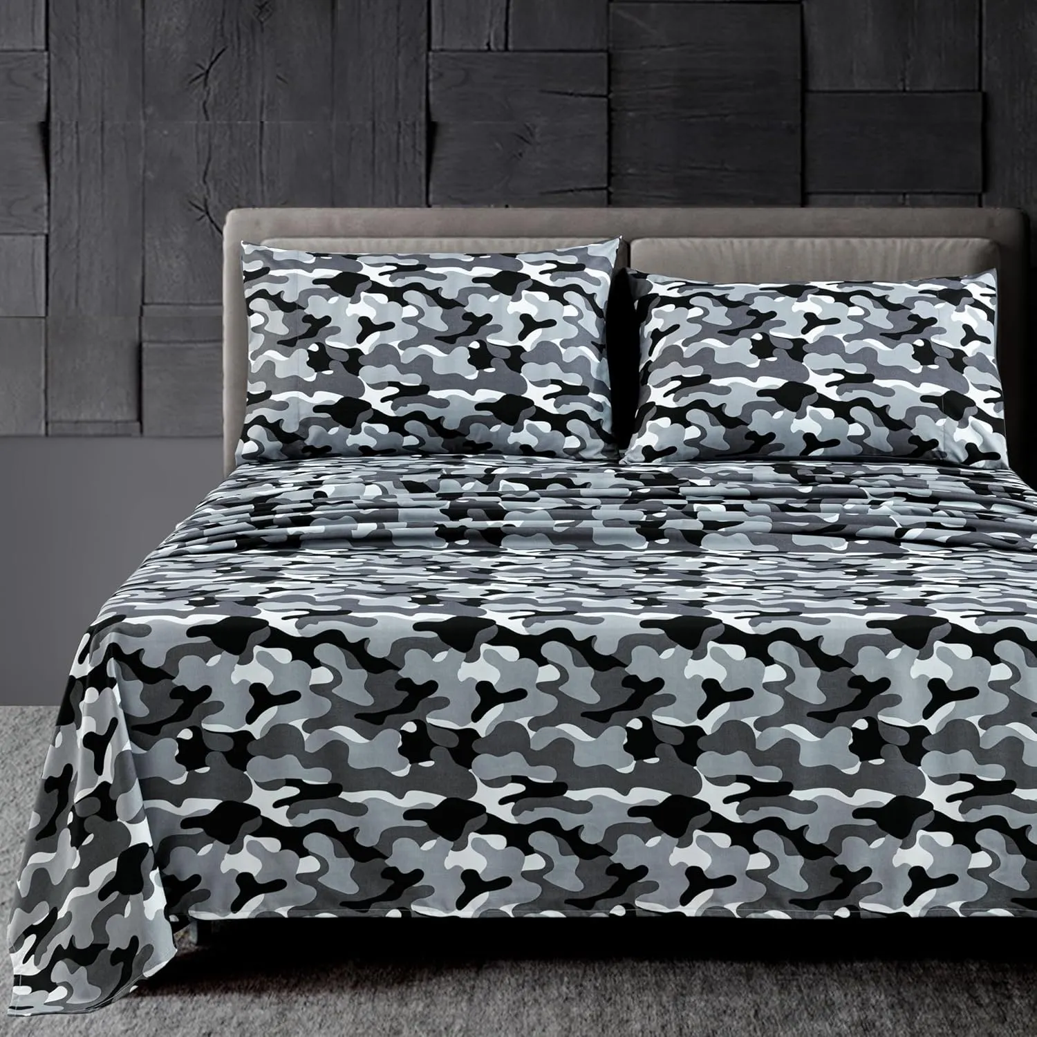 Chezmoi Collection Military Camo 4-Piece Sheet Set - Camouflage Black Gray Printed Microfiber Soft Breathable Deep Pocket Sheets and Pillowcases Set, Queen Size