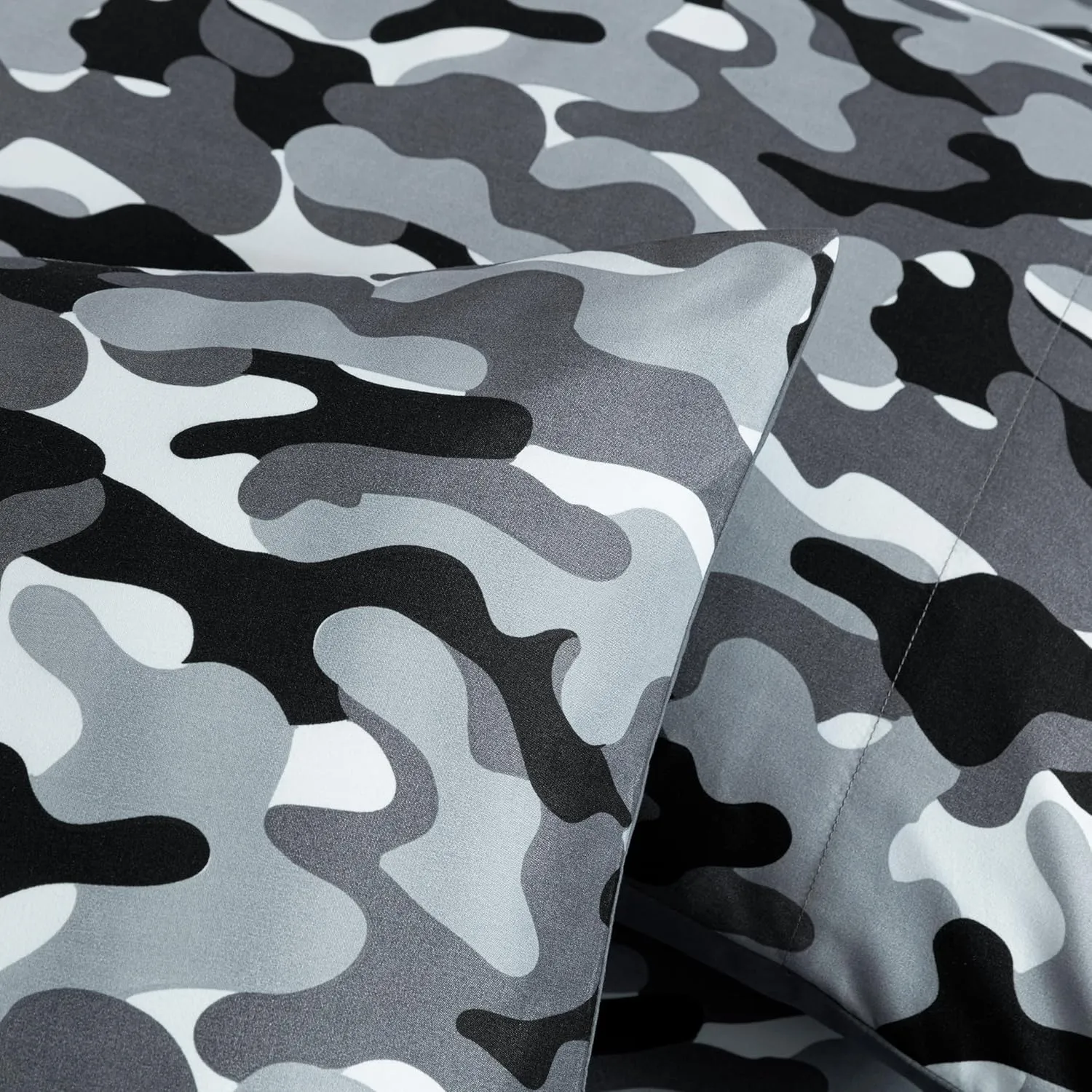 Chezmoi Collection Military Camo 4-Piece Sheet Set - Camouflage Black Gray Printed Microfiber Soft Breathable Deep Pocket Sheets and Pillowcases Set, Queen Size
