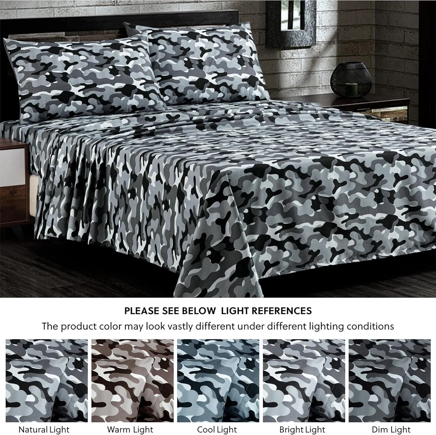 Chezmoi Collection Military Camo 4-Piece Sheet Set - Camouflage Black Gray Printed Microfiber Soft Breathable Deep Pocket Sheets and Pillowcases Set, Queen Size