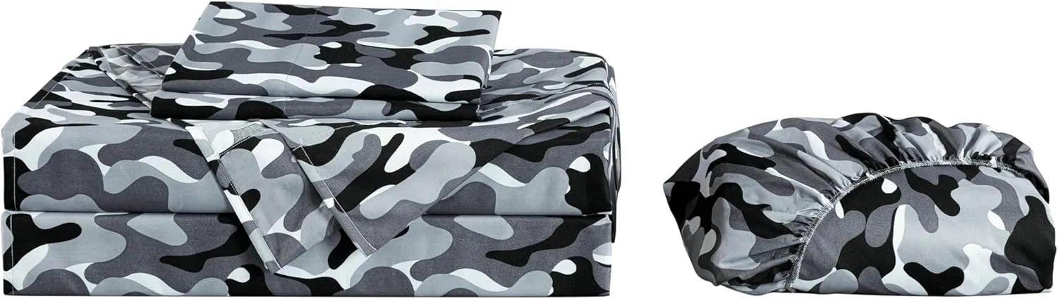 Chezmoi Collection Military Camo 4-Piece Sheet Set - Camouflage Black Gray Printed Microfiber Soft Breathable Deep Pocket Sheets and Pillowcases Set, Queen Size