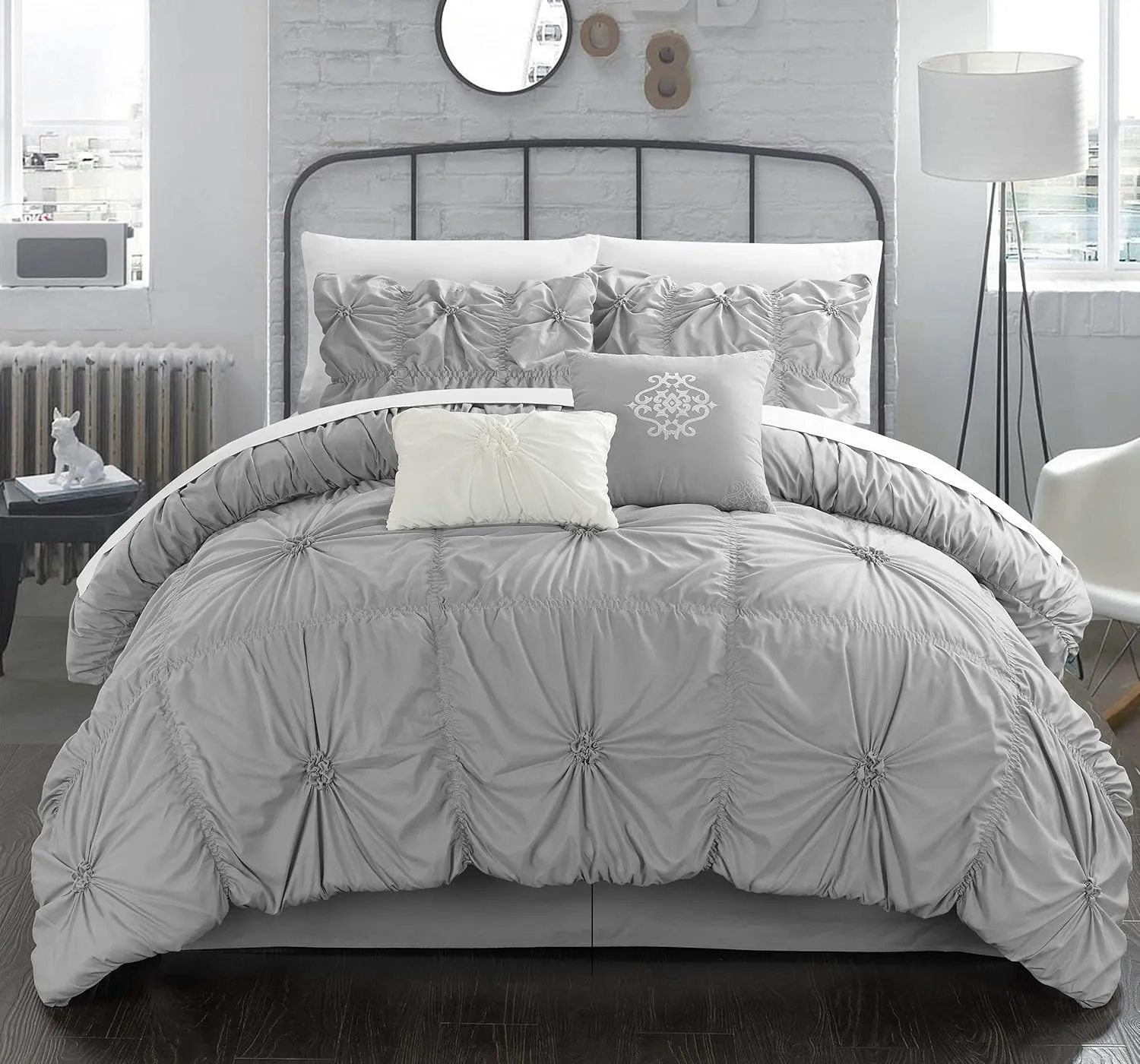 Chic Home Silver Bed in a Bag Comforter Set, King Size (6 Piece), Halpert - Pintuck Pinch Pleat Microfiber Bedding - Shams, Bed Skirt, Flat & Fitted Sheet, Pillowcases, Breakfast & Decorative Pillow