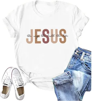Christian Shirt for Women Jesus T-Shirt Jesus The Way The Truth The Life Retro Bible Verse Inspirational Tee Tops
