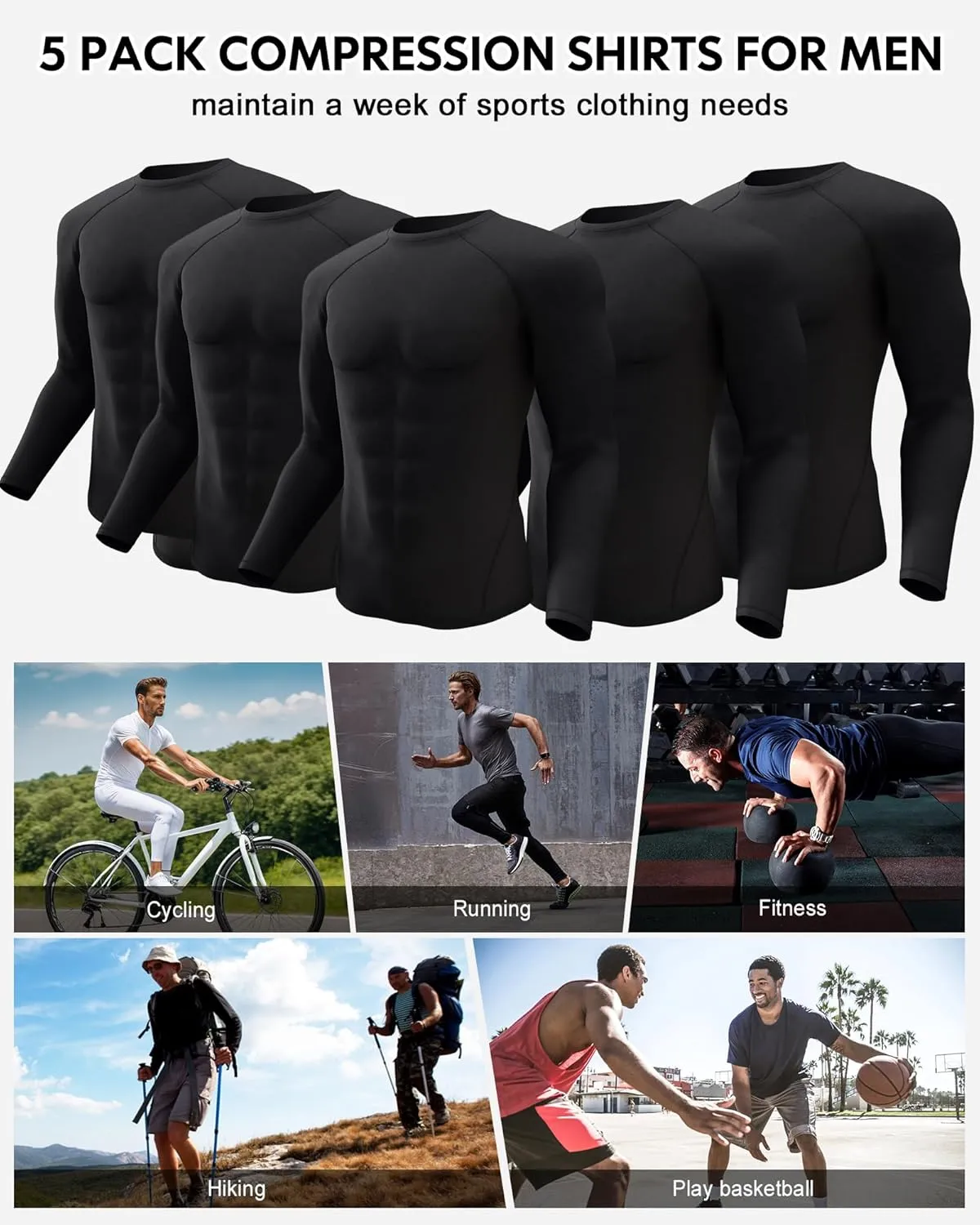 CL convallaria 5 Pack Mens Compression Shirt Workout Rash Guard Long Short Sleeve Undershirts for Athletic Gym Running