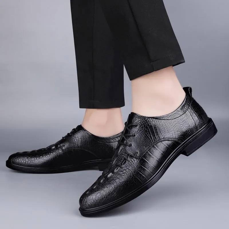 Classic Business Office Lace-up Shoes Men's Luxury Crocodile Pattern Leather Shoes Daily Casual Low Top Non Slip Walking