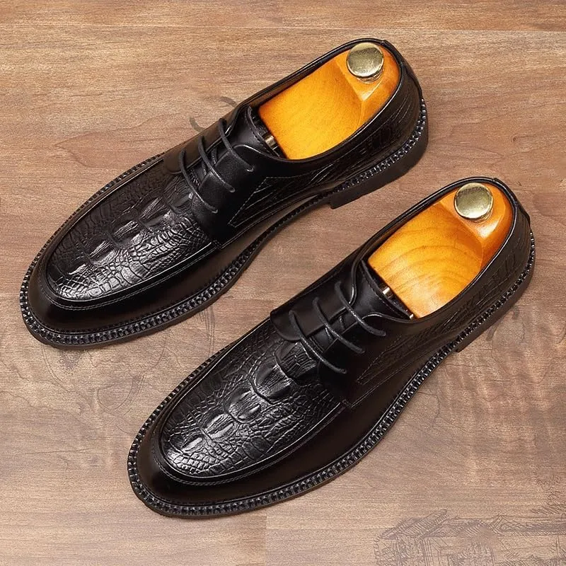 Classic Men's Monk Strap Dress Shoes, Genuine Leather Crocodile Print Oxford Shoes, Lace-up Business Office Formal Shoes
