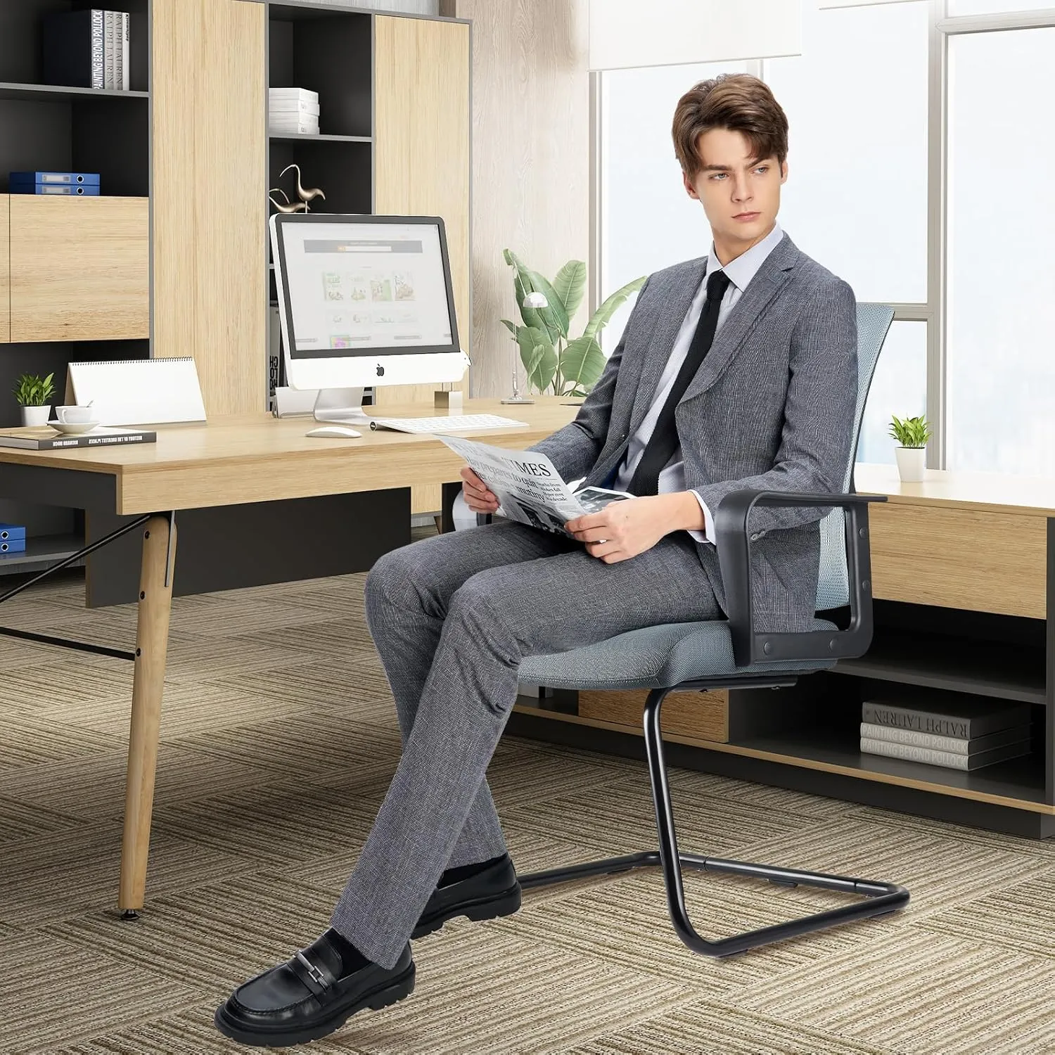 CLATINA Office Guest Chair with Lumbar Support and Mid Back Mesh Space Air Grid Series for Reception Conference Room (Gray-4 Pack)