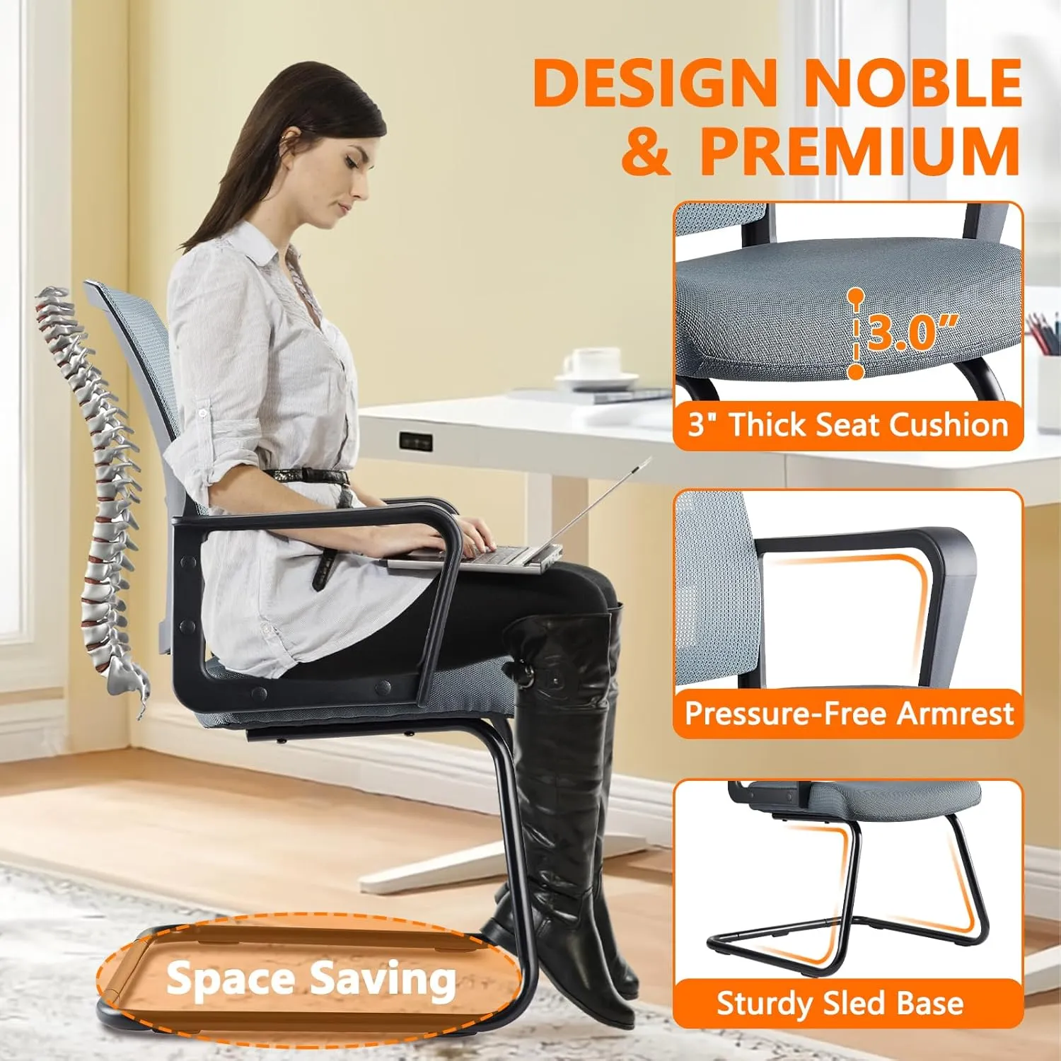 CLATINA Office Guest Chair with Lumbar Support and Mid Back Mesh Space Air Grid Series for Reception Conference Room (Gray-4 Pack)