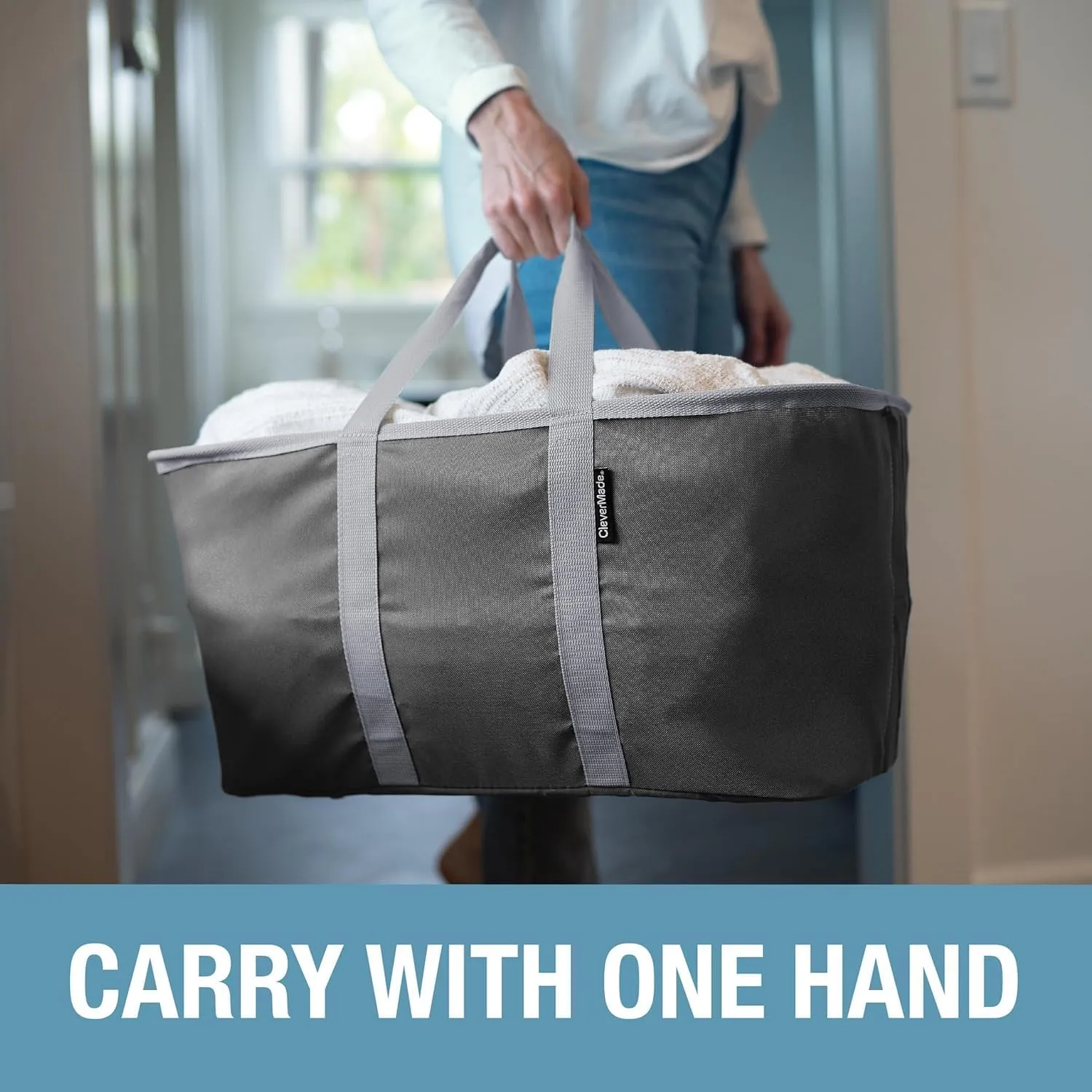 CleverMade Collapsible Laundry Tote - Midnight Black Shadow Gray 2-Pack 50L - Foldable Storage Organization Container for Clothes Laundry Room Storage