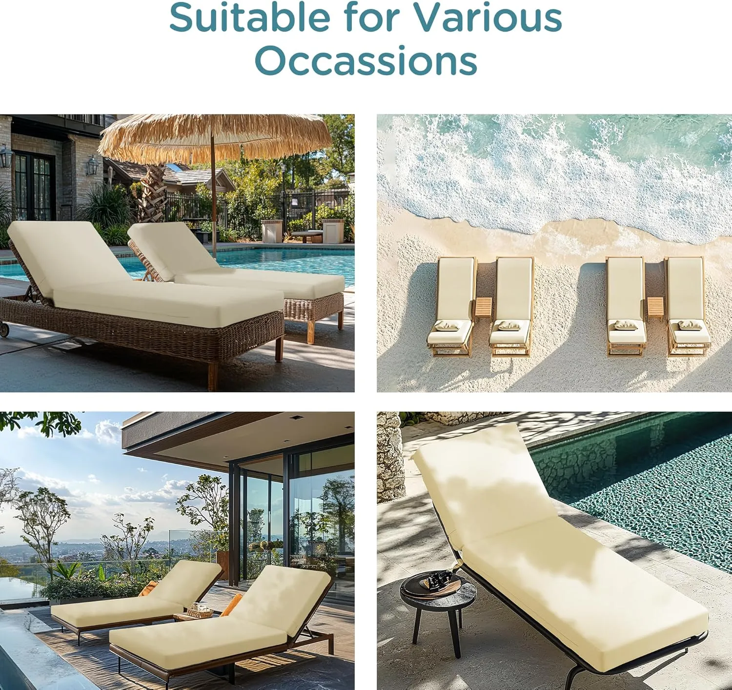 Codi Outdoor Lounge Chair Cushion, Chaise Cushions for Patio Furniture, Double Waterproof Fabric for Pool, 72 x 22.5 x 3.5 Inch 1PK Beige