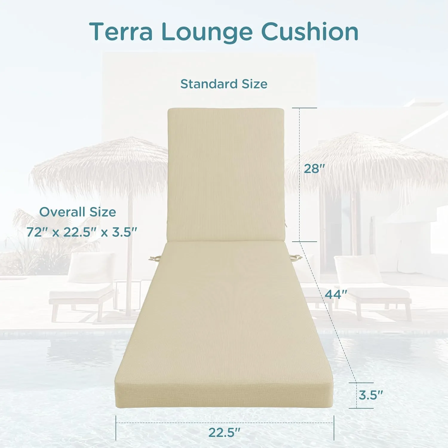 Codi Outdoor Lounge Chair Cushion, Chaise Cushions for Patio Furniture, Double Waterproof Fabric for Pool, 72 x 22.5 x 3.5 Inch 1PK Beige