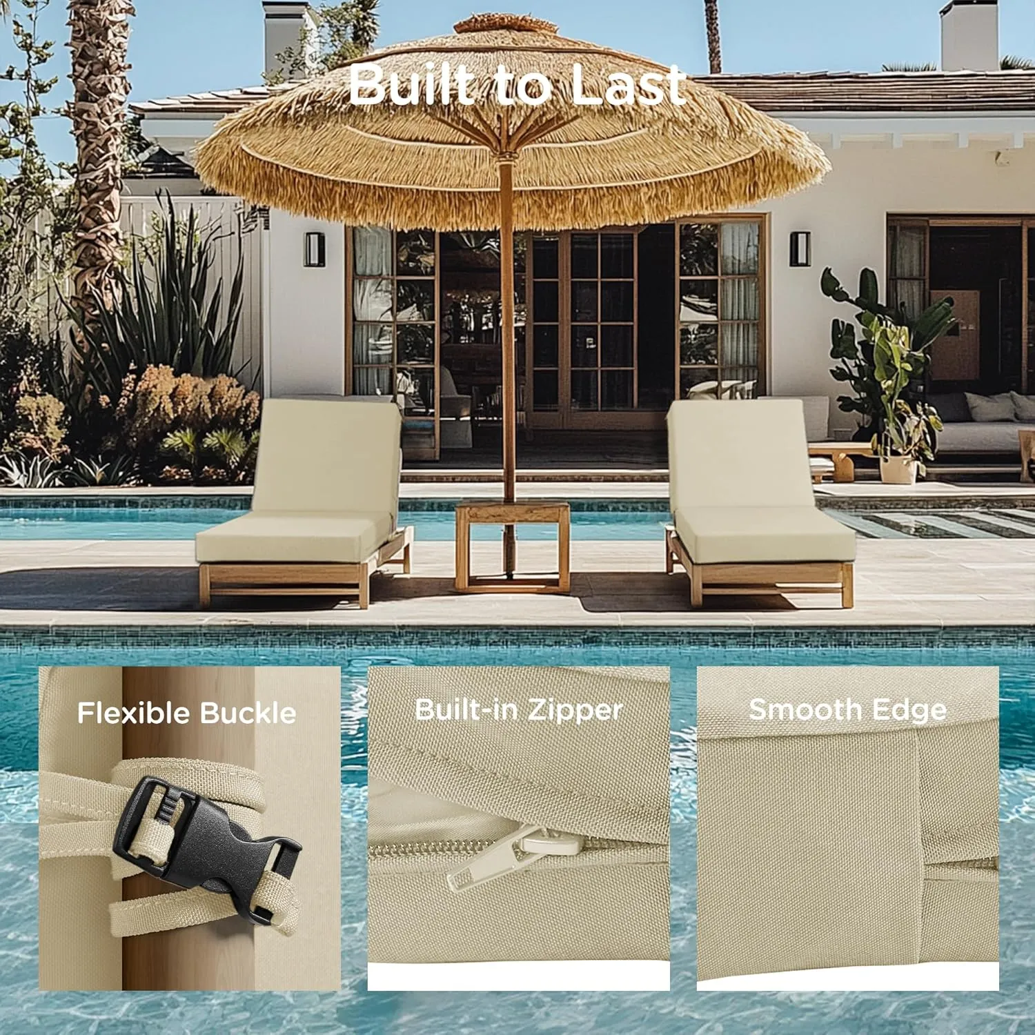 Codi Outdoor Lounge Chair Cushion, Chaise Cushions for Patio Furniture, Double Waterproof Fabric for Pool, 72 x 22.5 x 3.5 Inch 1PK Beige