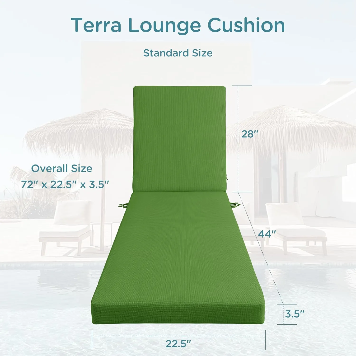 Codi Outdoor Lounge Chair Cushions, Chaise Cushion for Patio Furniture, Double Waterproof Fabric for Pool, Garden and Beach, 72 x 22.5 x 3.5 Inch 1PK Green