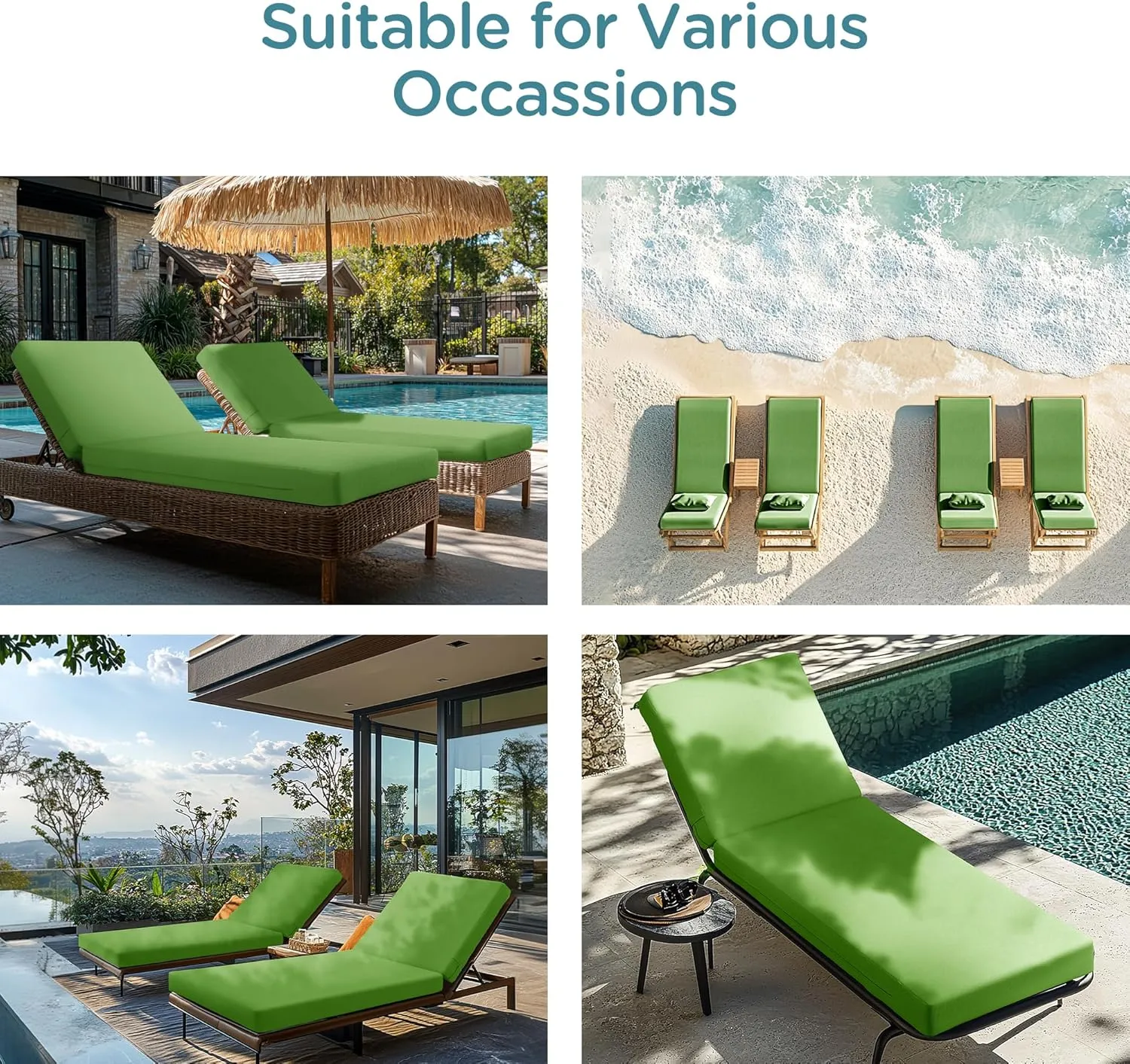 Codi Outdoor Lounge Chair Cushions, Chaise Cushion for Patio Furniture, Double Waterproof Fabric for Pool, Garden and Beach, 72 x 22.5 x 3.5 Inch 1PK Green
