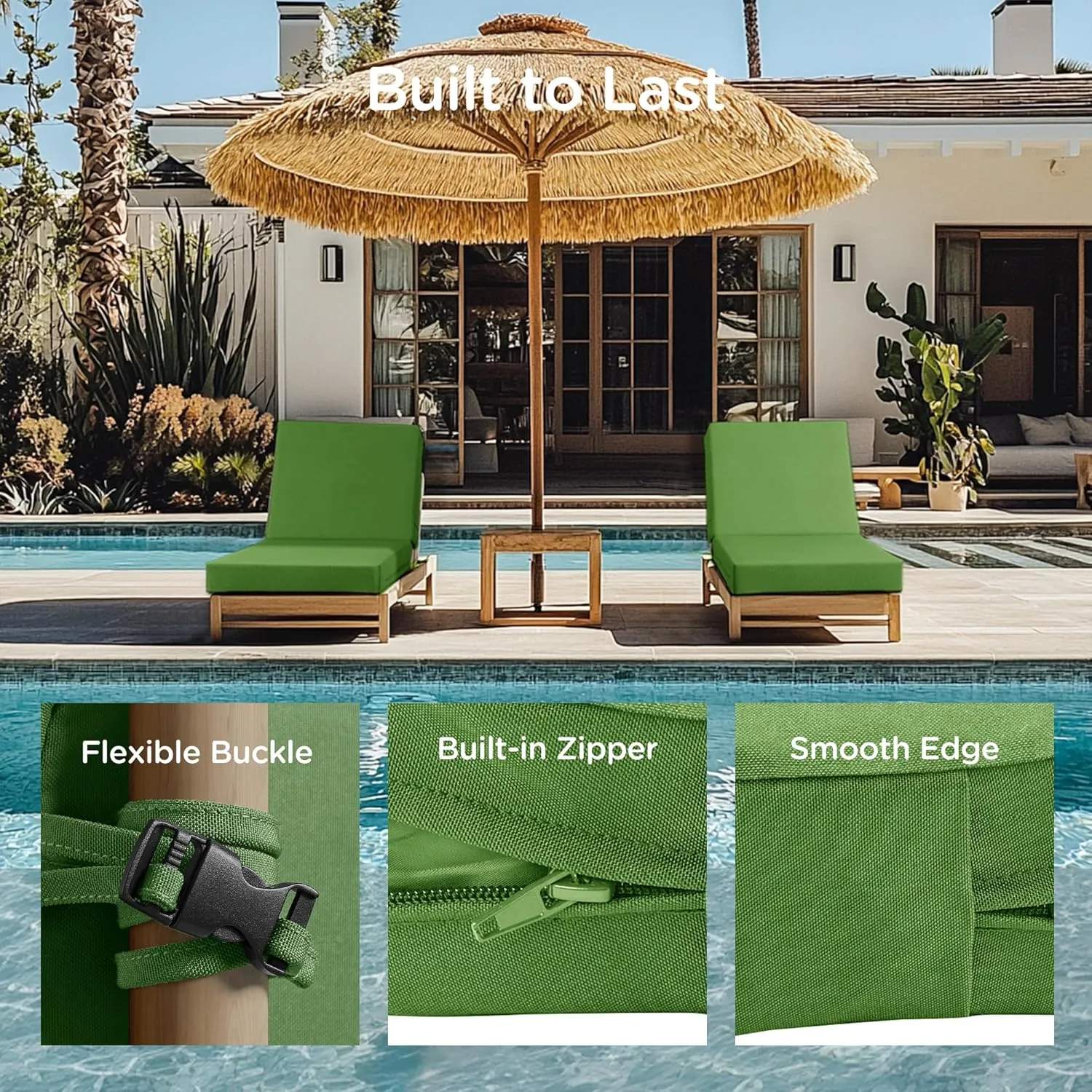 Codi Outdoor Lounge Chair Cushions, Chaise Cushion for Patio Furniture, Double Waterproof Fabric for Pool, Garden and Beach, 72 x 22.5 x 3.5 Inch 1PK Green
