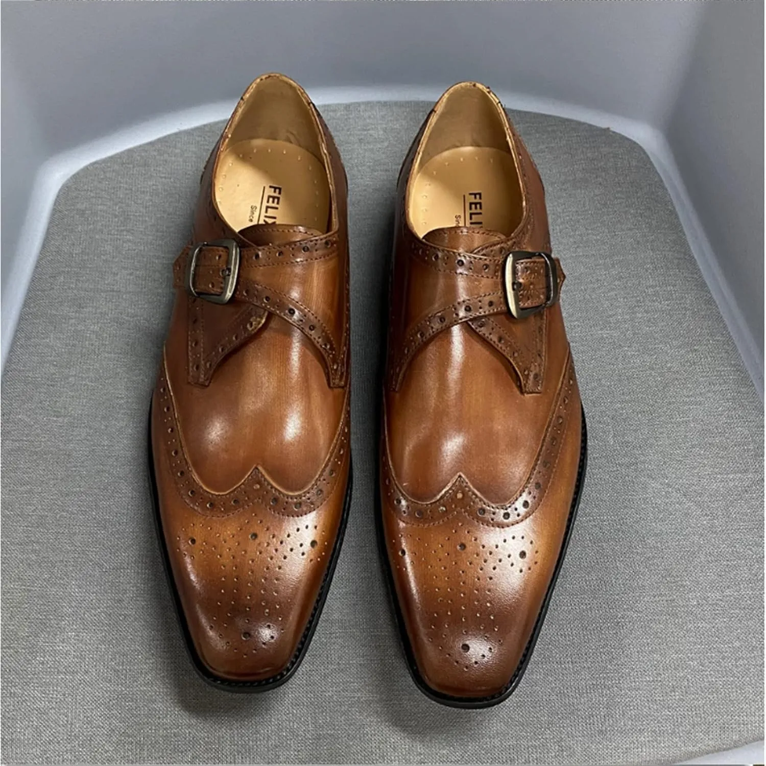 Comodish Formal Shoes Dress Oxford for Men Slip On Monk Strap Brogue Embossed Wing-tip Square Toe Cowhide Low Top Anti-Slip Slip Resistant Block Heel Non Slip Formal Oxford