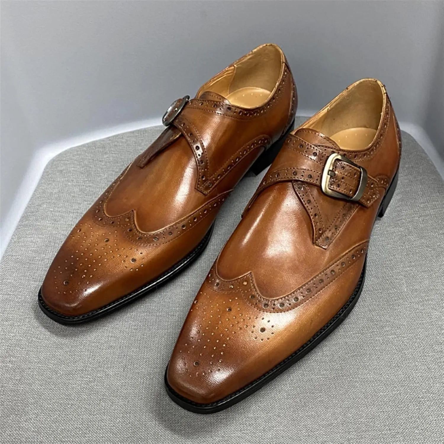 Comodish Formal Shoes Dress Oxford for Men Slip On Monk Strap Brogue Embossed Wing-tip Square Toe Cowhide Low Top Anti-Slip Slip Resistant Block Heel Non Slip Formal Oxford