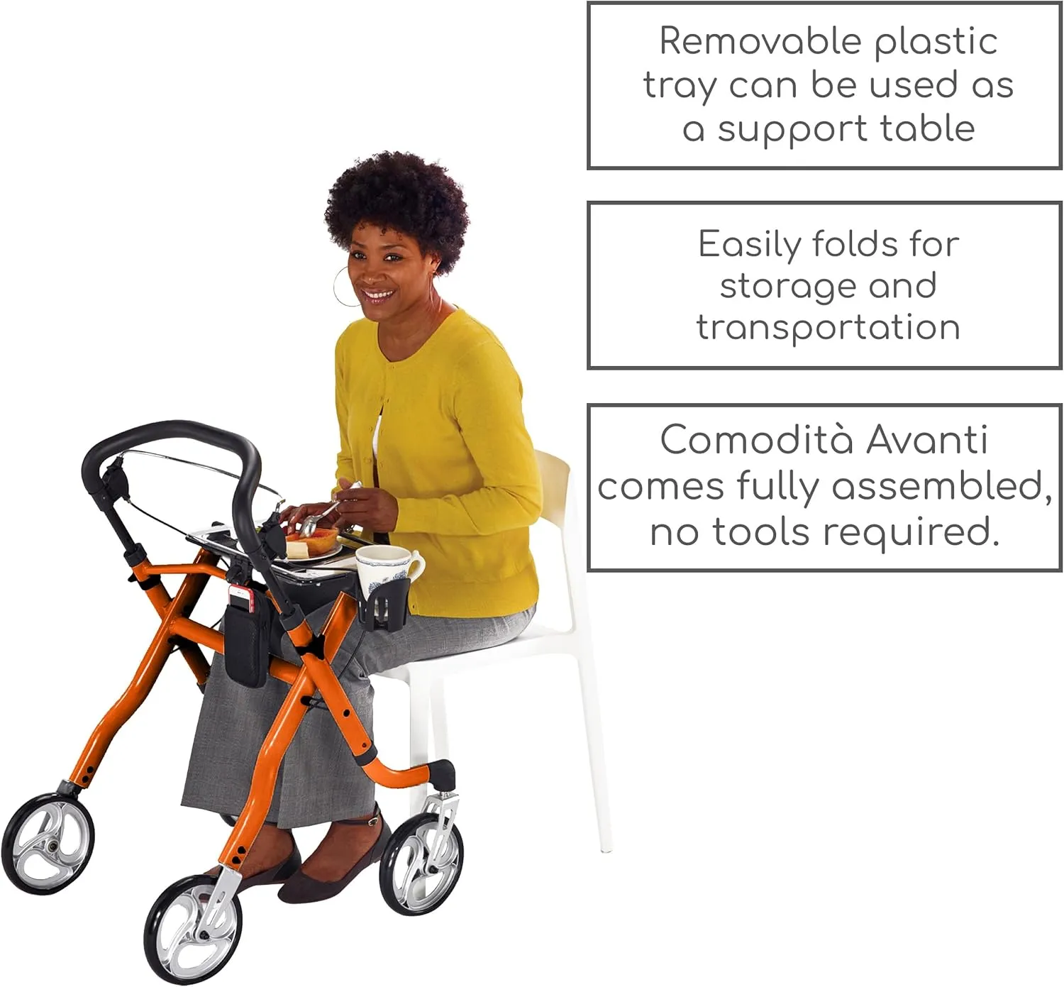 Comodità Avanti Mobility Rolling Walker, Wheeled Rollator with Tray and Brakes for Adults and Seniors, Lightweight Easy Folding, 4 Wheel, 1 Handed or 2 Hand Operation, Metallic Champagne